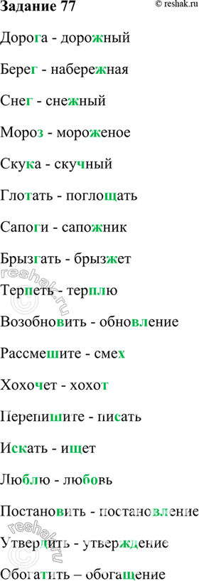 Изображение 77. К данным ниже словам подберите такие однокоренные слова, чтобы обнаружилось чередование согласного в корне. Корень обозначьте, чередующиеся согласные подчеркните....