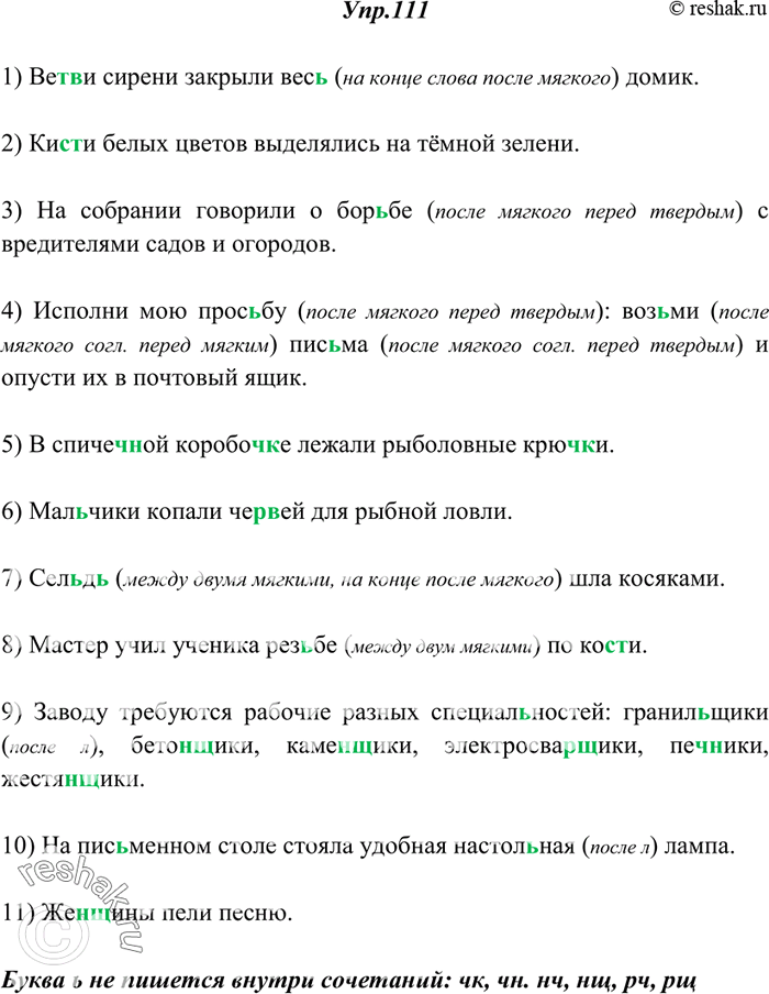 Изображение 111. Спишите. Объясните (устно) написание ь.1) Вет(?)ви сирени закрыли вес(?) домик. 2) Кис(?)ти белых цветов выделялись на тёмной зелени. 3) На собрании говорили о...