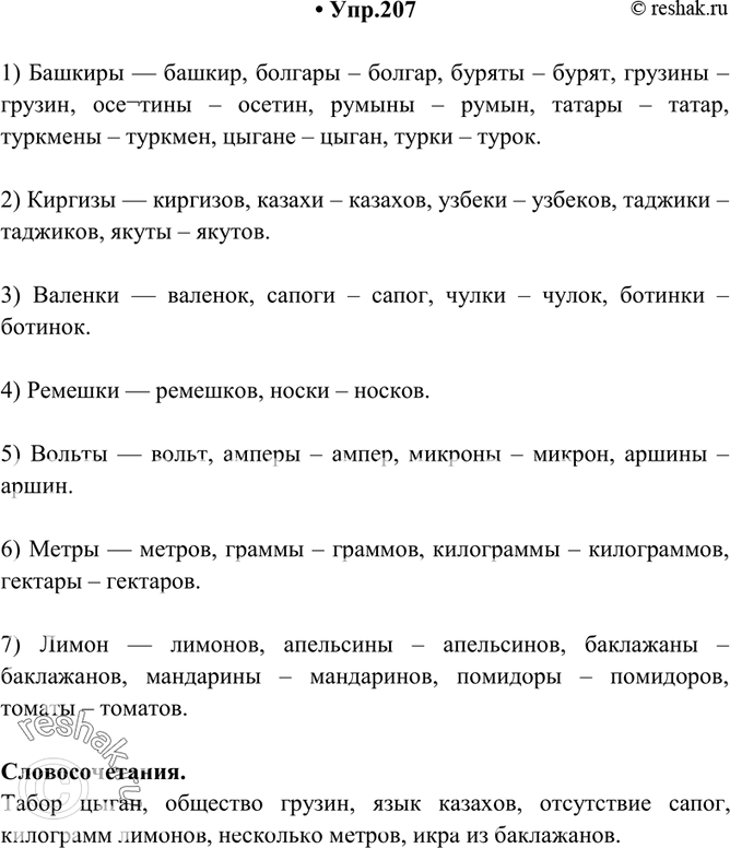 Изображение 207. От следующих существительных мужского рода образуйте родительный падеж множественного числа. Составьте 7 словосочетаний с образованными словами.1) Башкиры —...